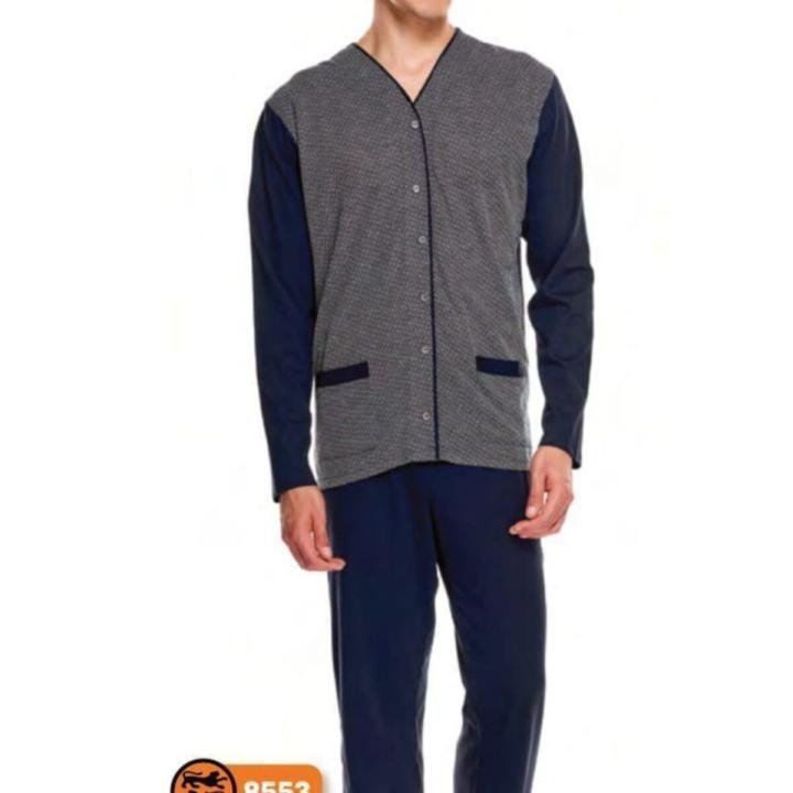 8553 Erkek Uzun Kol Jakarlı Önden Düğmeli Pijama Takımı
