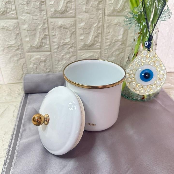 Porselen Kapaklı Emaye Kavanoz 13 Cm Kavanoz - Beyaz