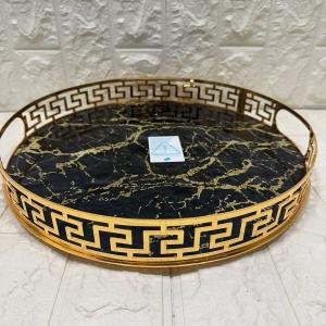 Yuvarlak Büyük Gold Metal Cam Tepsi 35 cm, şık ve dayanıklı mutfak aksesuarı