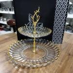 2 Katlı Altın Cam Kurabiyelik Sunumluk 29*29*25 Cm