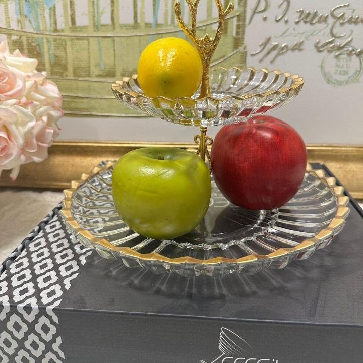 2 Katlı Altın Cam Kurabiyelik Sunumluk 29*29*25 Cm