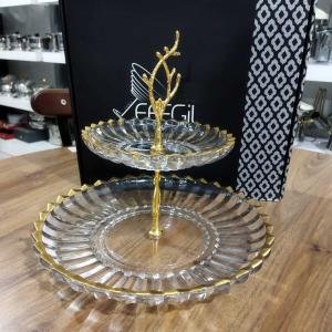 2 Katlı Altın Cam Kurabiyelik Sunumluk 29*29*25 Cm