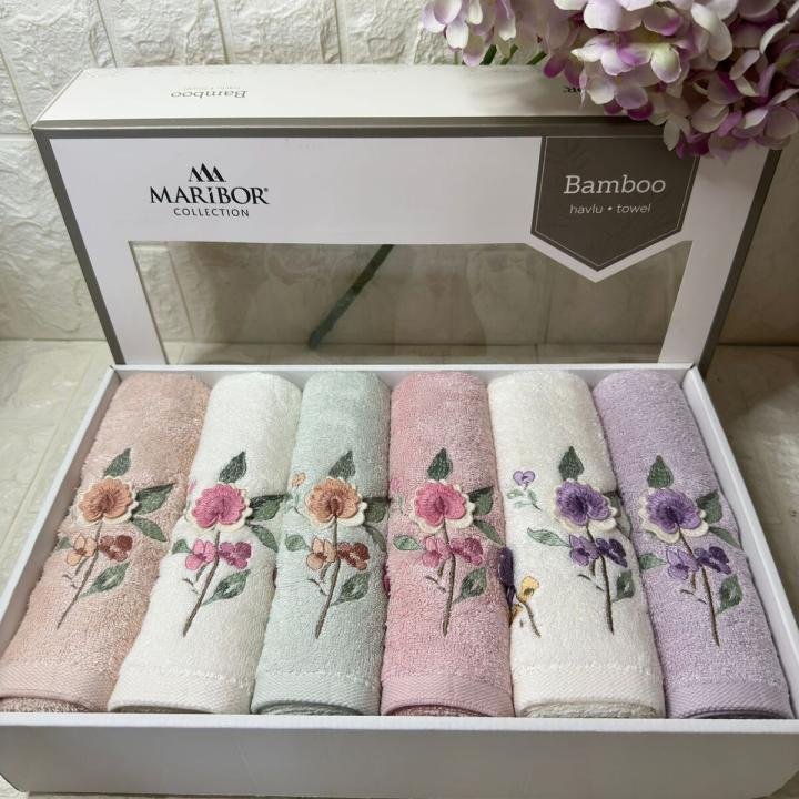 Amber - 3d Nakışlı Bambu Havlu 6 Ad. (50X90)