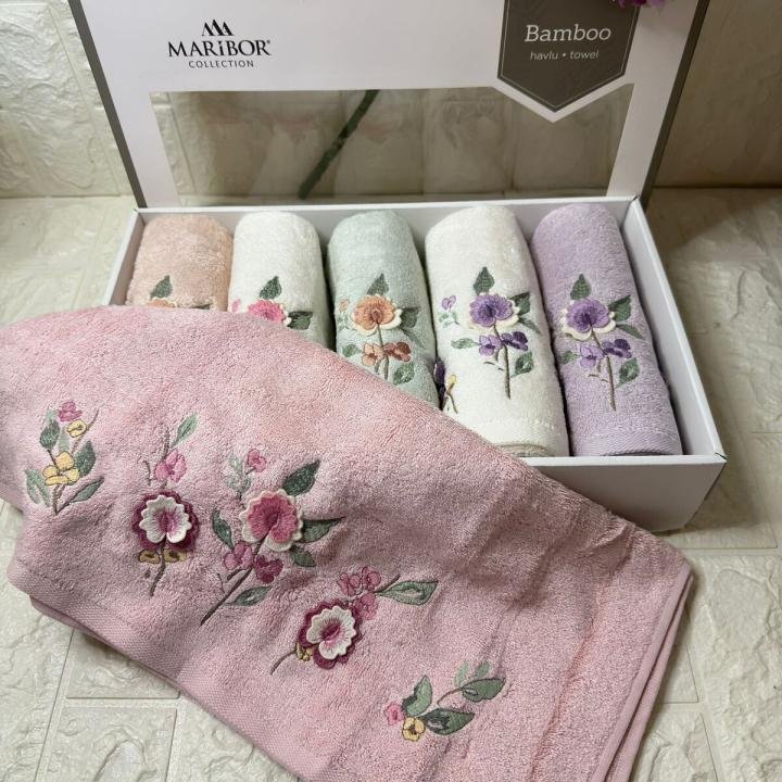 Amber - 3d Nakışlı Bambu Havlu 6 Ad. (50X90)