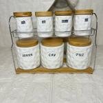 7'li Porselen Baharatlık Stantlı Bambu Vakumlu Kapak