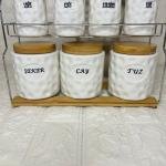 7'li Porselen Baharatlık Stantlı Bambu Vakumlu Kapak