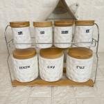 7'li Porselen Baharatlık Stantlı Bambu Vakumlu Kapak