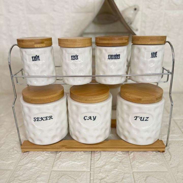 7'li Porselen Baharatlık Stantlı Bambu Vakumlu Kapak