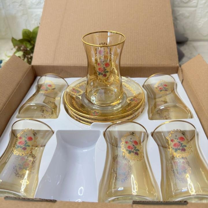 Çay Takımı Gül Desenli Amber 12 Parça Golden Flowers 6 Kişilik