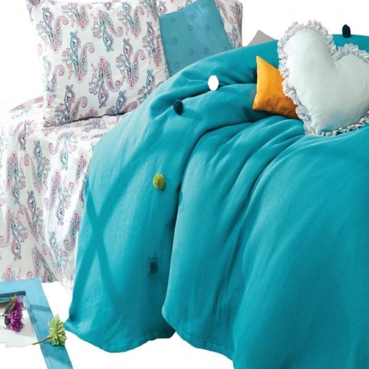 Ponponlu Çift Kişilik Pike Seti - Fancy Turkuaz