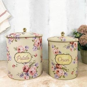 Krem Çiçek Desenli Metal 2 Li Patates Soğan Sepeti Cnk002