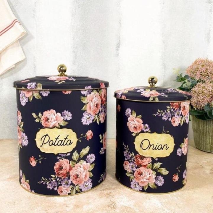 Lacivert Çiçek Desenli Metal 2 Li Patates Soğan Sepeti Cnk0003