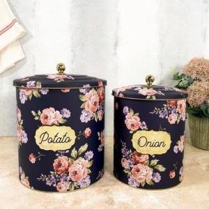 Lacivert Çiçek Desenli Metal 2 Li Patates Soğan Sepeti Cnk0003