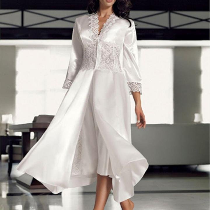 6'lı 8070 Bayan Uzun Saten Gecelik-sabahlık Takımı