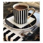 6 Lı Porselen Siyah Beyaz Çizgili Kahve Fincan Takımı Seti