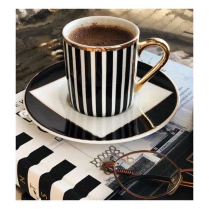 6 Lı Porselen Siyah Beyaz Çizgili Kahve Fincan Takımı Seti