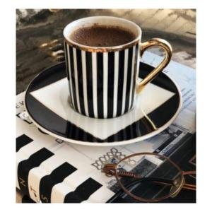 6 Lı Porselen Siyah Beyaz Çizgili Kahve Fincan Takımı Seti