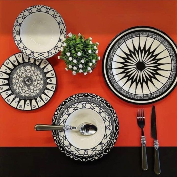 Desenli Siyah Beyaz Yemek Takımı 24 Parça