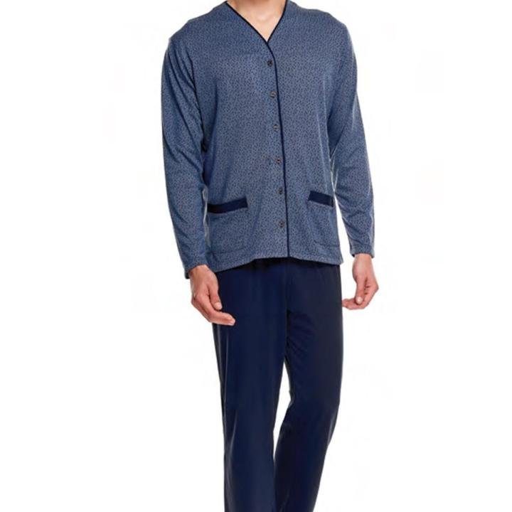 8520 Erkek Uzun Kol Jakarlı Önden Düğmeli Pijama Takımı