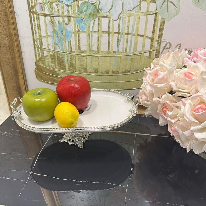 Frame Gümüş Kulplu Porselen Kayık Ayaklı Sunumluk 22*37*17