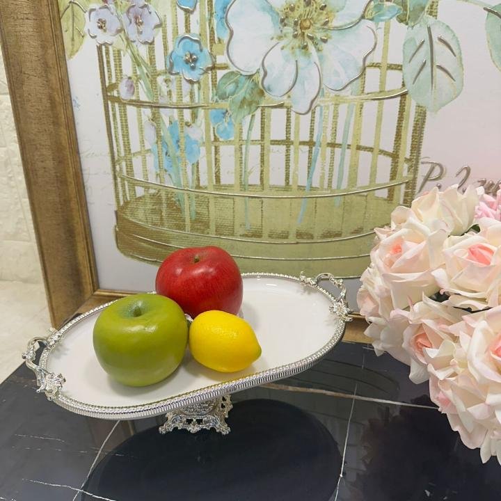 Frame Gümüş Kulplu Porselen Kayık Ayaklı Sunumluk 22*37*17