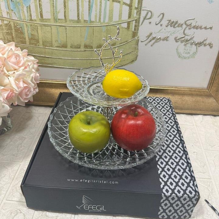 2 Katlı Gümüş Cam Kurabiyelik Sunumluk 29*29*25 cm