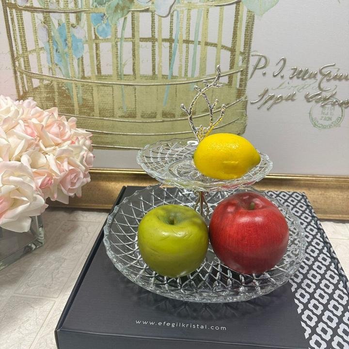 2 Katlı Gümüş Cam Kurabiyelik Sunumluk 29*29*25 cm