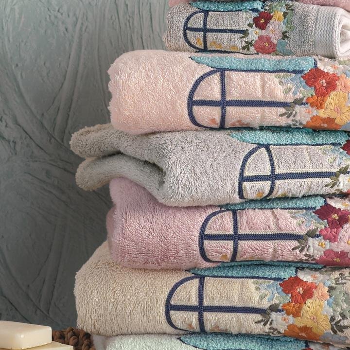 ALAÇATI - %70 Bambu / %30 Pamuk Nakışlı El Havlusu - 6'lı Set 50x90