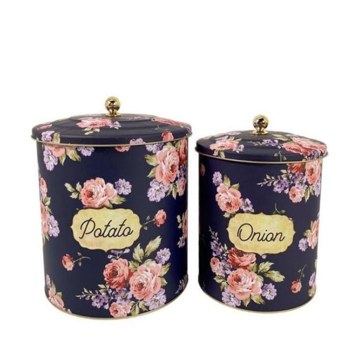 Lacivert Çiçek Desenli Metal 2 Li Patates Soğan Sepeti Cnk0003