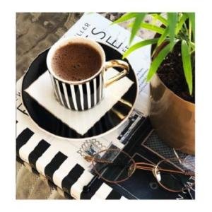 6 Lı Porselen Siyah Beyaz Çizgili Kahve Fincan Takımı Seti