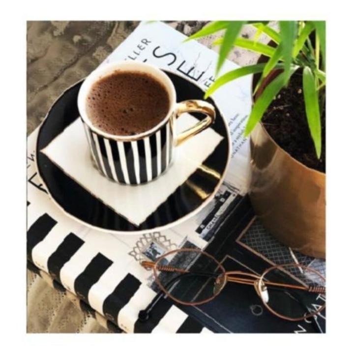 6 Lı Porselen Siyah Beyaz Çizgili Kahve Fincan Takımı Seti